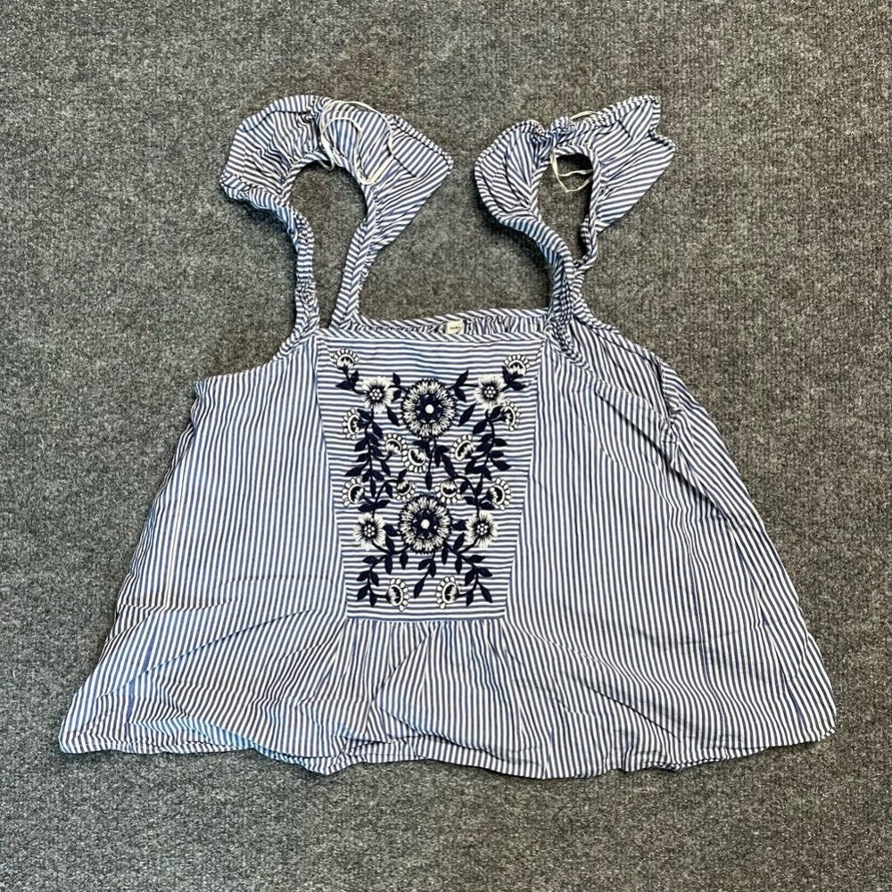 Zara TRF Womens Crop Top White Blue Stripe Sleeveless Embroidered Ruffles XS